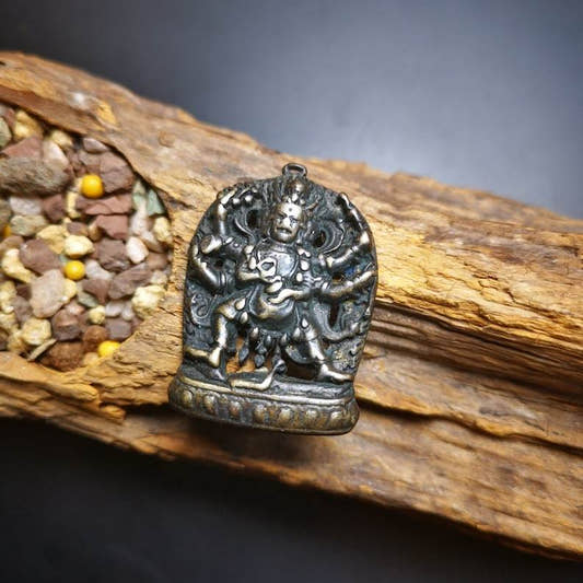 Thokcha Amulet Pendant,Mahakala, Buddhist Protector Deity, Made of Thunder Iron - Tibetan Buddhist amulet, front view