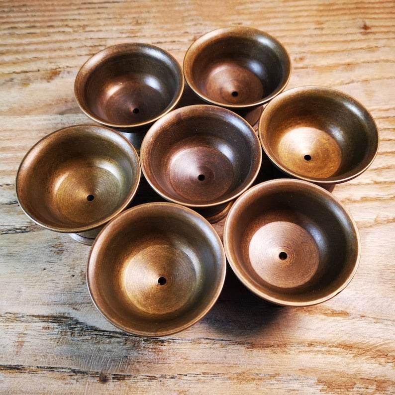 Offering Butter Lamps,1 Set of 7 Lamps - Tibetan Buddhist art, close-up detail