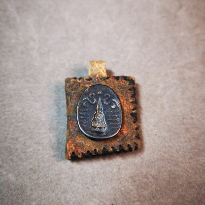 Gandhanra Antique Amulet Pendant,Stupa / Pagoda Tsa Tsa Mold on leather Sachet