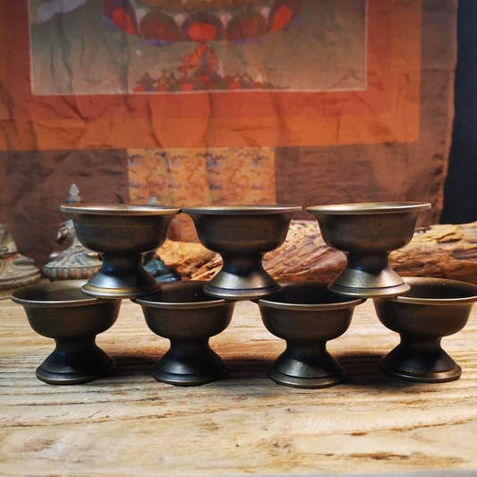 Offering Butter Lamps,1 Set of 7 Lamps - Tibetan Buddhist art, front view