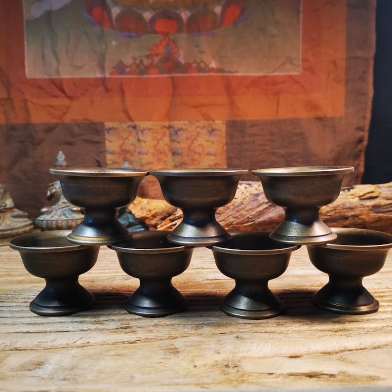 Buddhist Offering Butter Lamps,Made of Red Copper,1 Set of 7 Lamps