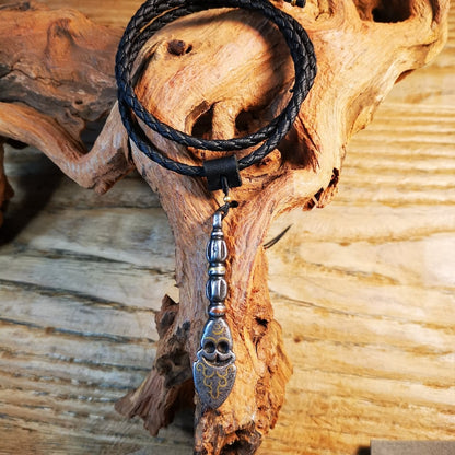 Buddhist Amulet,Skull Sītavana and Flame Pendant,Cold Iron inlaid Copper