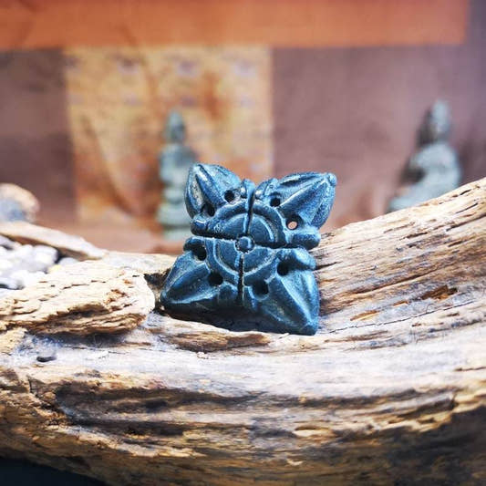 Hand Carved Cross Vajra Amulet Badge, Tibetan Buddhist Pendant, Made of Obsidian - Tibetan Buddhist amulet, front view