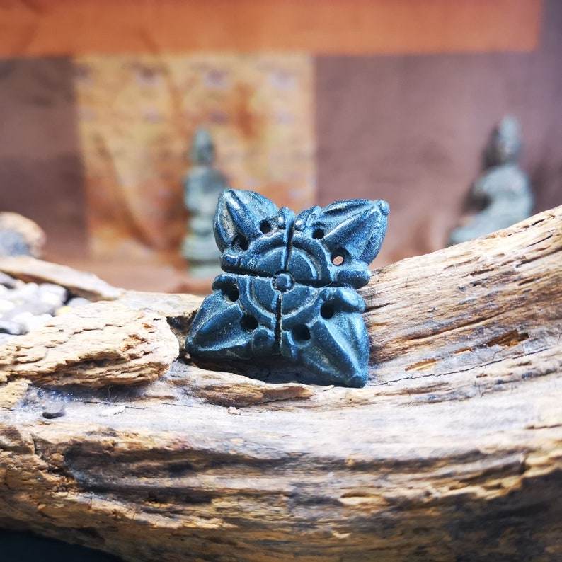 Hand Carved Cross Vajra Amulet Badge, Tibetan Buddhist Pendant, Made of Obsidian - Tibetan Buddhist amulet, front view