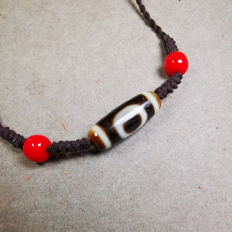 Dzi Bead Necklace,Sky & Earth Dzi (30 Years Old) + Agate Beads, Attract Wealth and Good Luck Gandhanra-ART