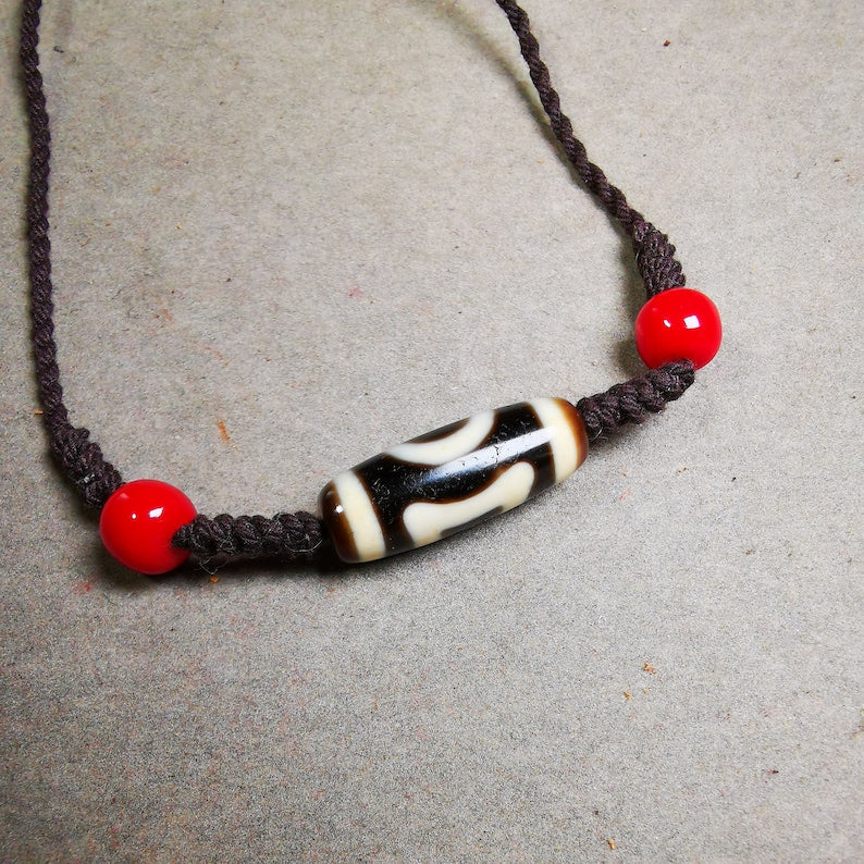 Dzi Bead Necklace,Sky & Earth Dzi (30 Years Old) + Agate Beads, Attract Wealth and Good Luck Gandhanra-ART