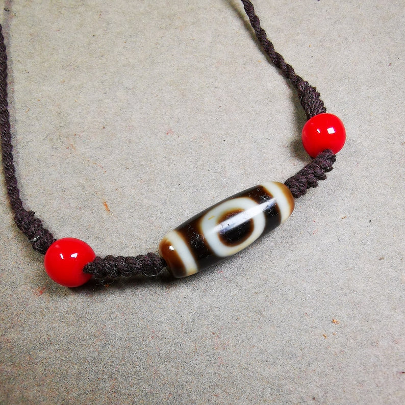 Dzi Bead Necklace,Sky & Earth Dzi (30 Years Old) + Agate Beads, Attract Wealth and Good Luck Gandhanra-ART