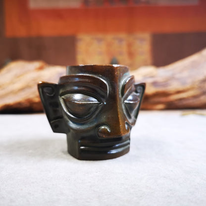 Replica Bronze Head Mask from Sanxingdui Ruins,4.7cm Height,Made of Red Copper,40 Years Old