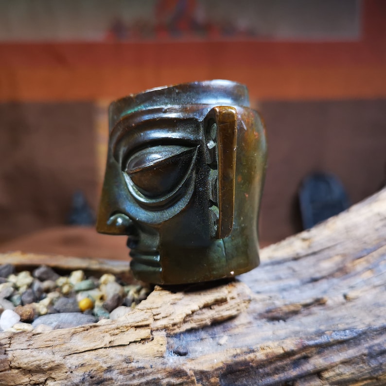 Replica Bronze Head Mask from Sanxingdui Ruins,4.7cm Height,Made of Red Copper,40 Years Old