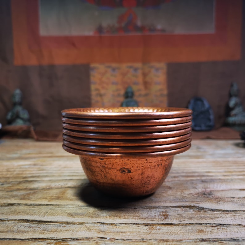 Gandhanra Handmade Tibetan Buddhist Water Offering Bowls,Yonchap Bowls,Made of Red Copper,1 Set of 7 Bowls