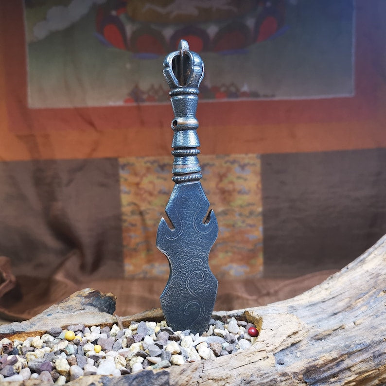 Gandhanra Tibetan Amulet Kila Dagger (Dorje Phurba),Dharma Ritual,Altar Tool,Made of Cold Iron inlaid with Copper