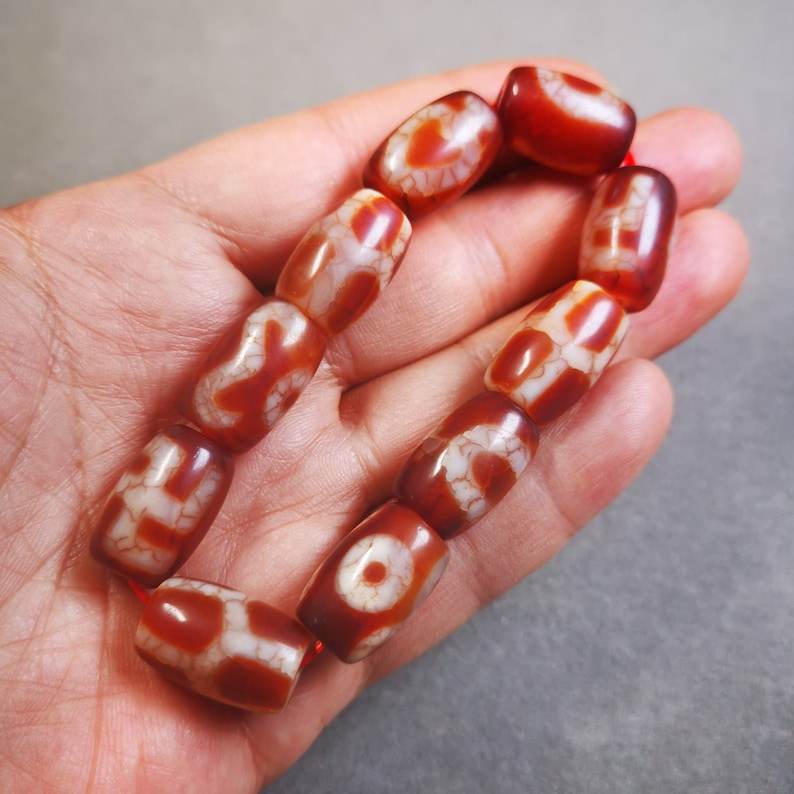 Fire Agate Dzi Bead Bracelet - Tibetan Buddhist mala beads, view 8