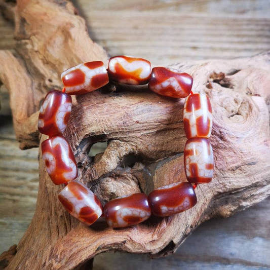 Fire Agate Dzi Bead Bracelet - Tibetan Buddhist mala beads, front view