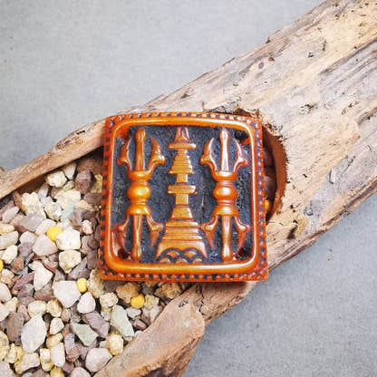Yak Bone Carved Vajra Stupa Amulet Badge, Tibetan Buddhist Pagoda Pendant - Tibetan Buddhist amulet, close-up detail