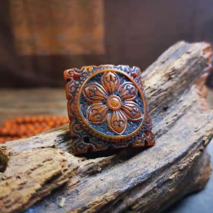 Yak Bone Carved Mandala Amulet Badge, Tibetan Buddhist Prayer Wheel Pendant,Dhar - Tibetan Buddhist amulet, front view