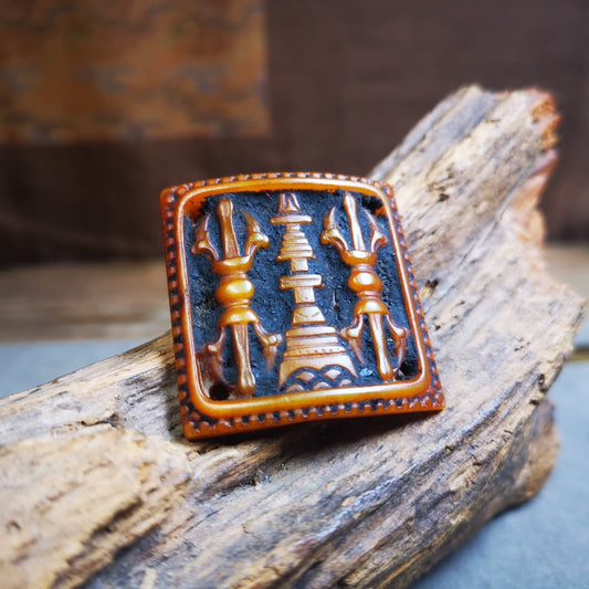 Yak Bone Carved Vajra Stupa Amulet Badge, Tibetan Buddhist Pagoda Pendant