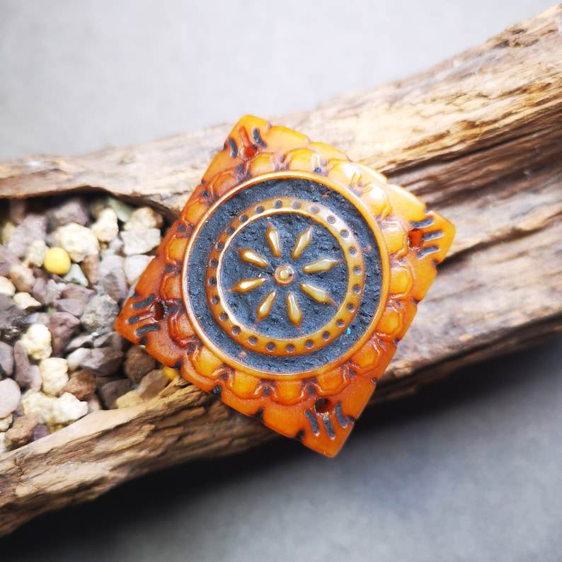 Yak Bone Carved Mandala Amulet Badge, Tibetan Buddhist Prayer Wheel Pendant,Dhar - Tibetan Buddhist amulet, front view
