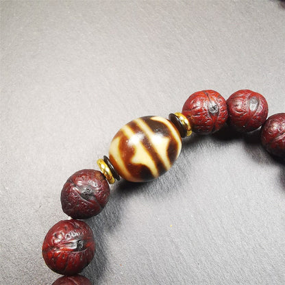 Dalo Dzi Bead Bracelet(30 Years Old), Tiger Tooth Dzi with Old Bodhi Beads,,Fit for 15-19cm Wrist Gandhanra-ART