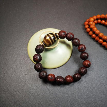 Dalo Dzi Bead Bracelet(30 Years Old), Tiger Tooth Dzi with Old Bodhi Beads,,Fit for 15-19cm Wrist Gandhanra-ART