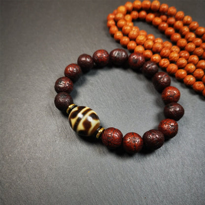 Dalo Dzi Bead Bracelet(30 Years Old), Tiger Tooth Dzi with Old Bodhi Beads,,Fit for 15-19cm Wrist Gandhanra-ART