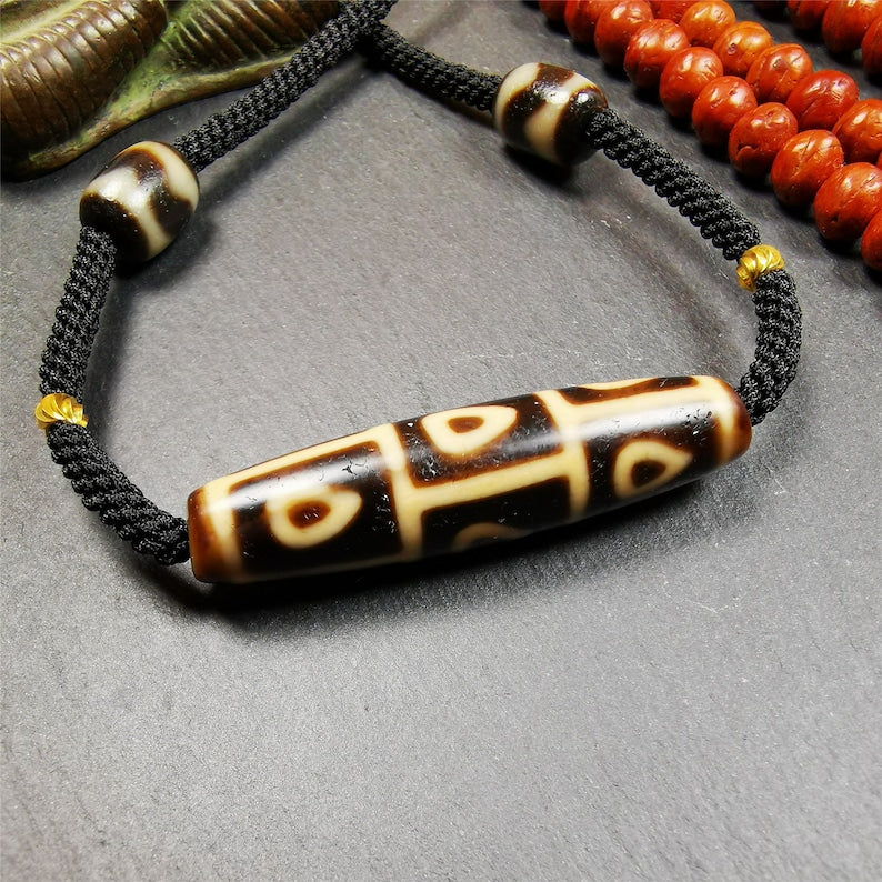 9 Eyed Bodhi Dzi Bead Necklace, 2.1" x 0.51"