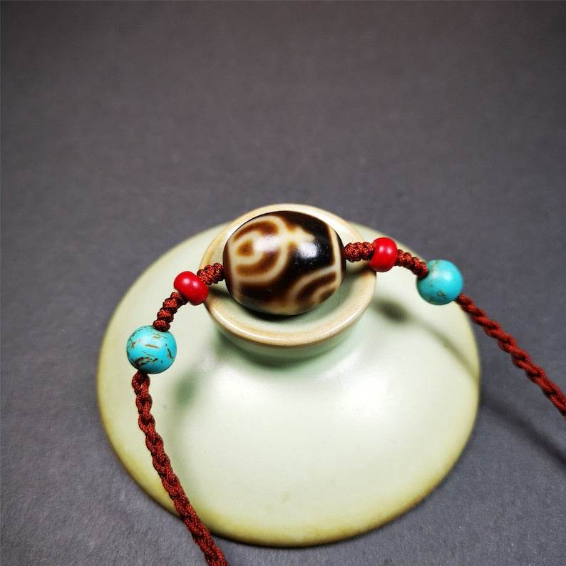 Treasure Vase Dalo Dzi Bead Necklace - Tibetan Buddhist bead necklace, close-up detail