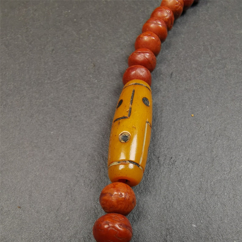 Gandhanra Unique Tibetan Yak Bone Carved 8 Eyes Dzi Bead,1.18" x 0.4"