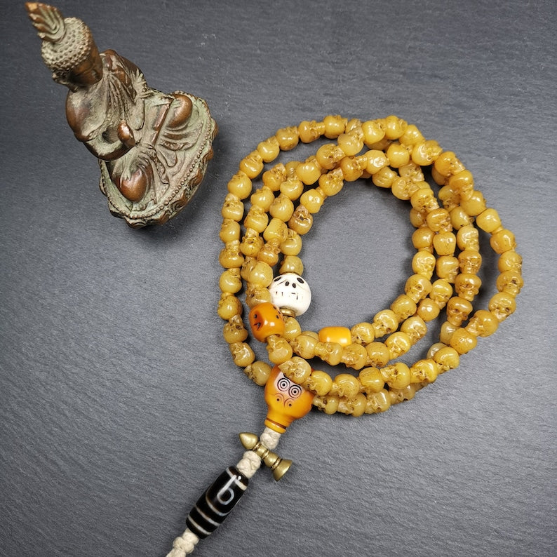 Hand-carved Tibetan Yak Bone Mala Beads Necklace,108 Beads for Meditation and Prayer