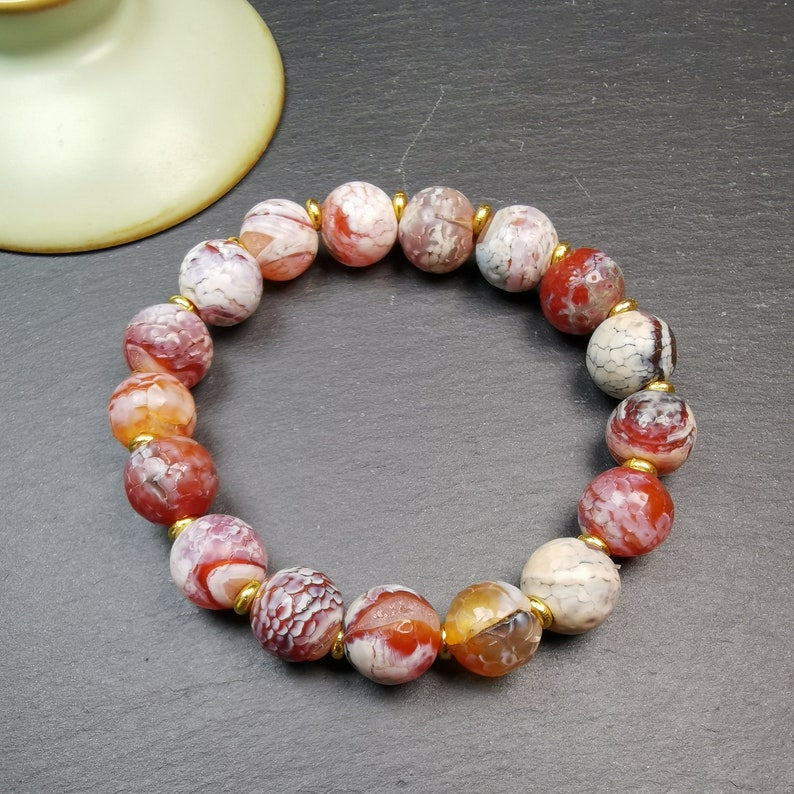 Sugar Agate Beads Wrist Mala, Unique 13mm Barrel Shape Carnelian Bracelet