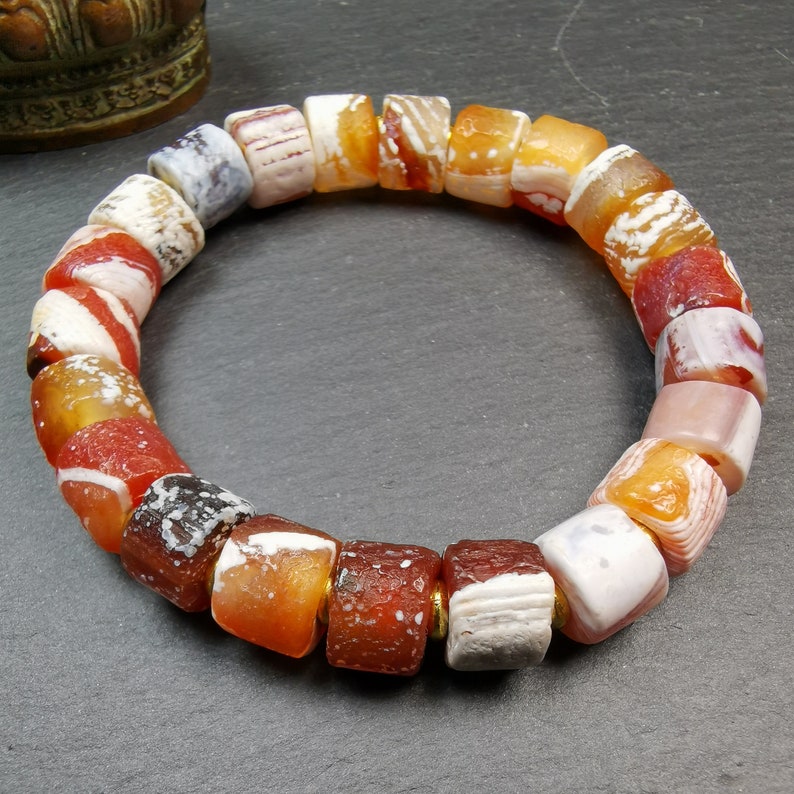 Sugar Agate Beads Wrist Mala, Unique 11mm Cylinder Carnelian Bracelet