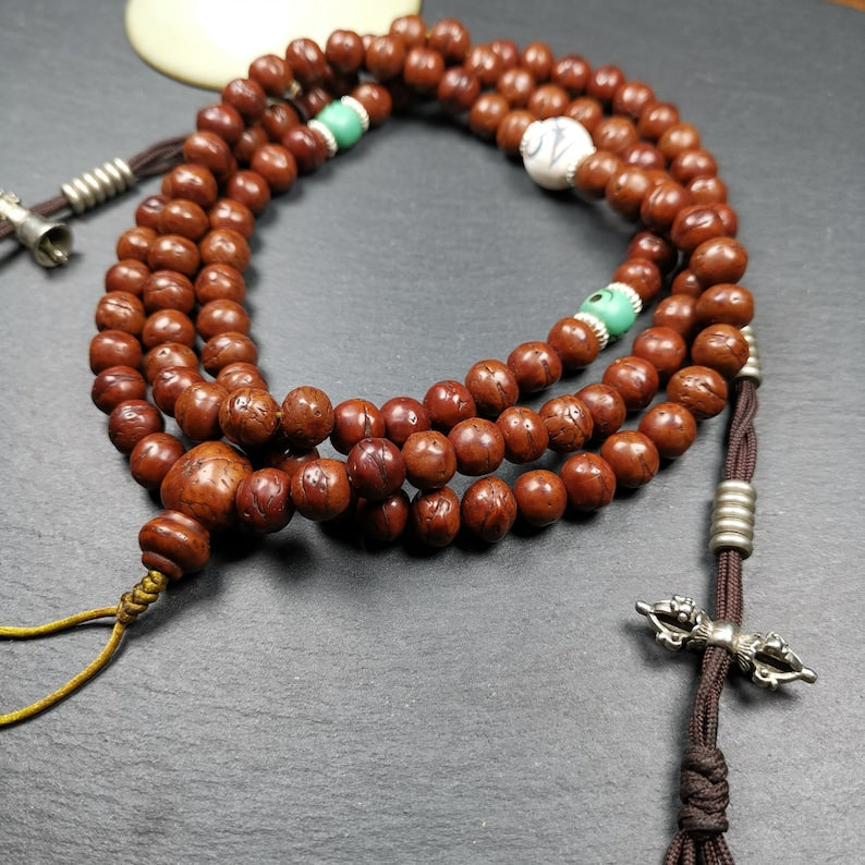 Gandhanra Old Tibetan Rosary,10mm 108 Bodhi Seed Mala Necklace,Handmade Prayer Beads for Meditation & Protection