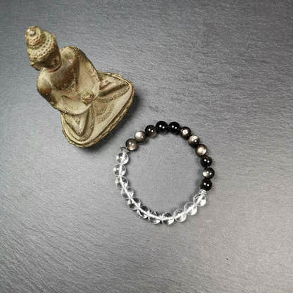 Obsidian + Crystal Wrist Mala, Prayer Beads Bracelet - Tibetan Buddhist mala beads, close-up detail