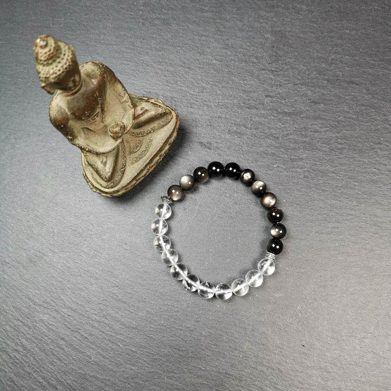 Obsidian + Crystal Wrist Mala, Prayer Beads Bracelet - Tibetan Buddhist mala beads, close-up detail