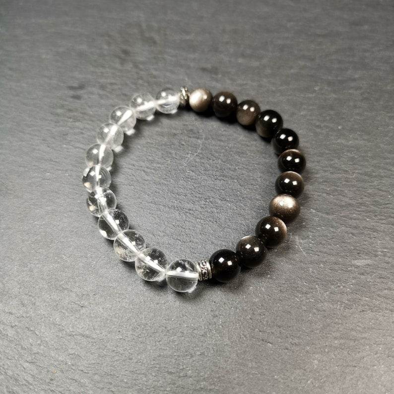 Obsidian + Crystal Wrist Mala, Prayer Beads Bracelet - Tibetan Buddhist mala beads, front view