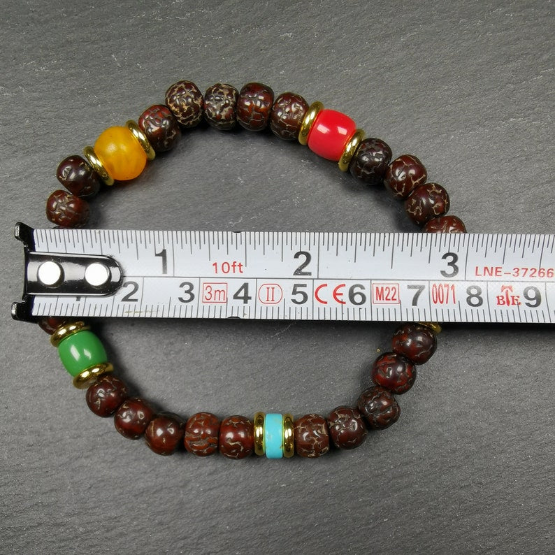 Gandhanra Old Tibetan Mala Bracelet,Unique 5 Colors Rudraksha Prayer Beads Rosary for Meditation,Circumference18cm, Diameter 8mm