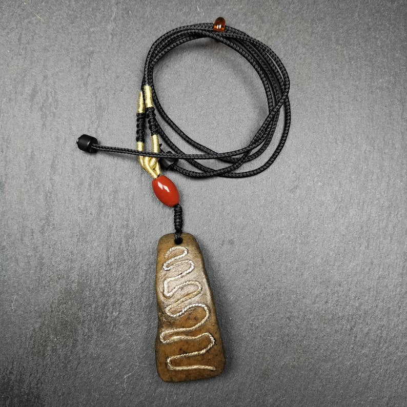 Gandhanra Old Tibetan Buddhism Kapala Amulet,Unique Protective Pendant, Inlaid Silver Wire,55mm × 22mm