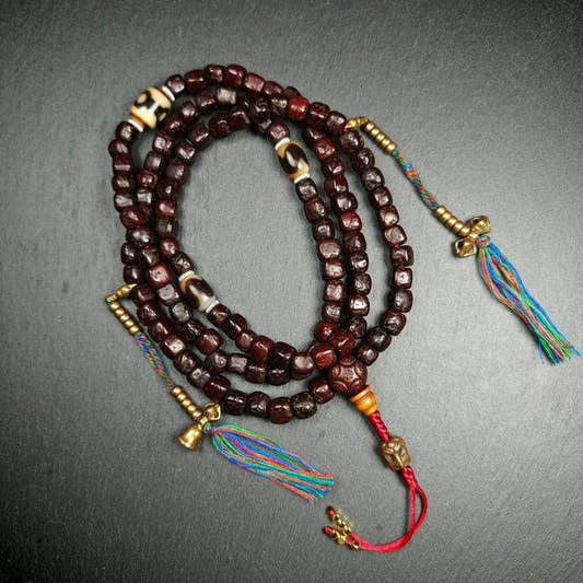 Mala Necklace,Old 8mm 108 Rudraksha Prayer Beads - Tibetan Buddhist mala beads, front view