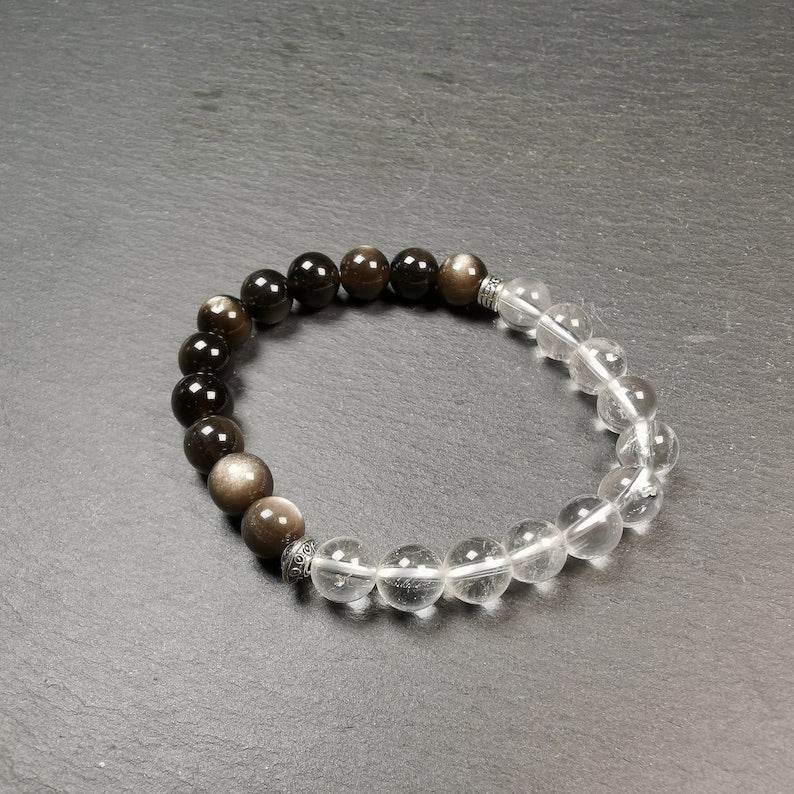 Obsidian + Crystal Wrist Mala, Prayer Beads Bracelet - Tibetan Buddhist mala beads, detailed view