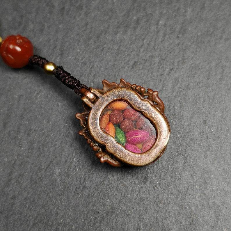 Gau Box Amulet,Ghau Shrine,Altar Necklace - Tibetan Buddhist bead necklace, close-up detail