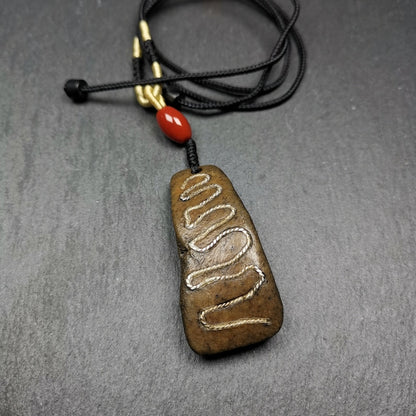 Gandhanra Old Tibetan Buddhism Kapala Amulet,Unique Protective Pendant, Inlaid Silver Wire,55mm × 22mm