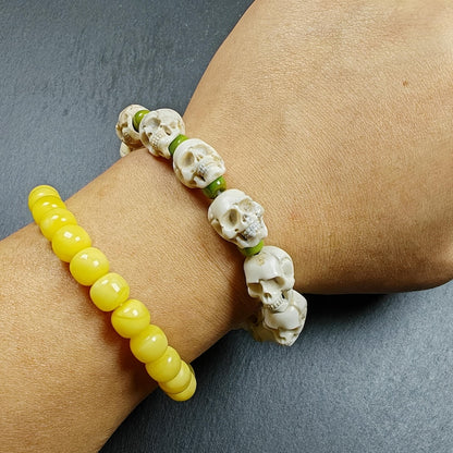 Wrist Mala Bracelet, White Skull Bead Bracelet