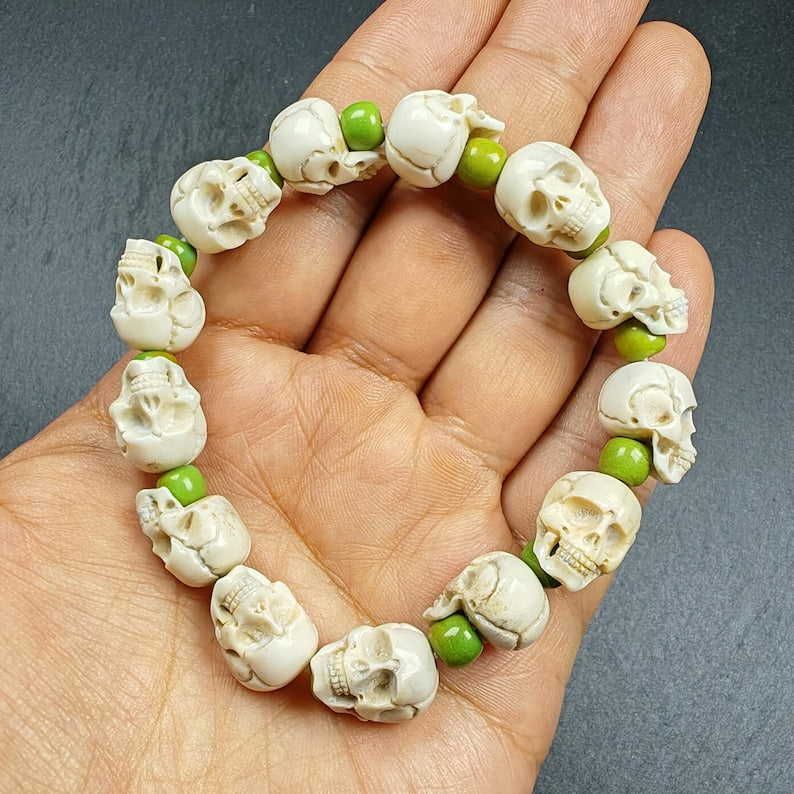 Wrist Mala Bracelet, White Skull Bead Bracelet