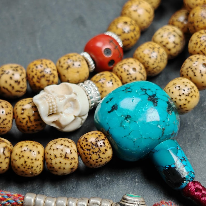 Gandhanra Authentic Tibetan Lotus Seed Mala Necklace, Old 8mm 108 Prayer Beads with Unique Mix of Treasures,Spiritual Jewelry,38" Stretched