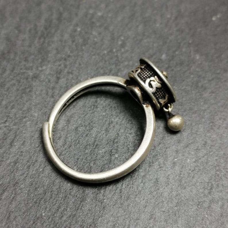 Silver Prayer Wheel Ring - Tibetan Buddhist art, detailed view