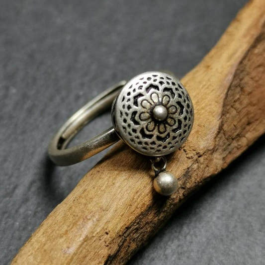 Silver Prayer Wheel Ring - Tibetan Buddhist art, front view