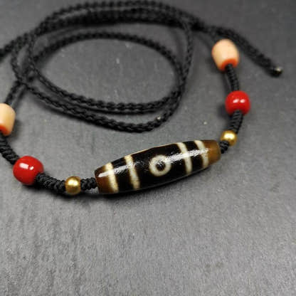 3 Eyes Dzi Bead Amulet,Protection Jewelry - Tibetan dzi bead, detailed view