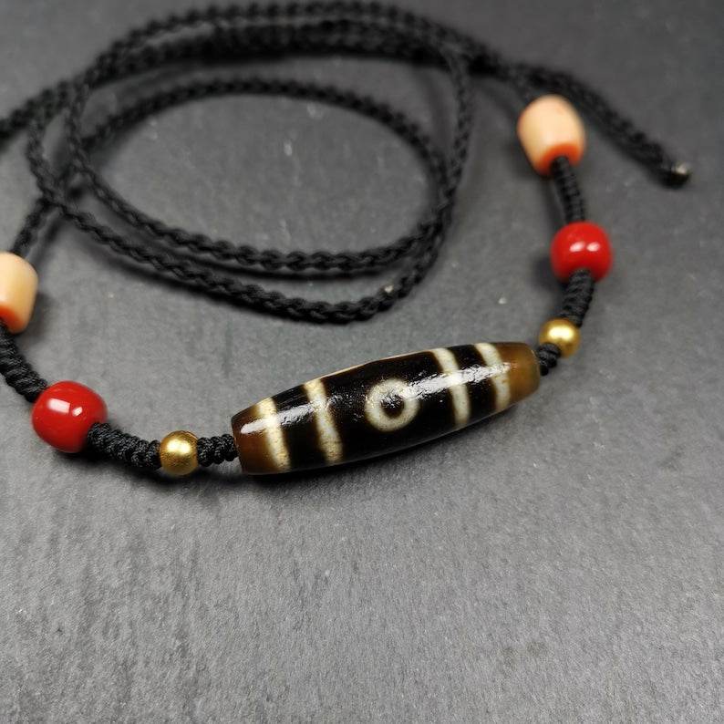 3 Eyes Dzi Bead Amulet,Protection Jewelry - Tibetan dzi bead, detailed view