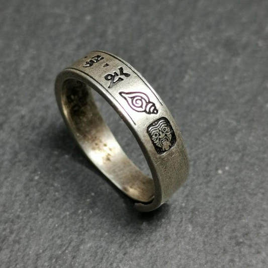 Silver Ring - Tibetan Buddhist art, front view