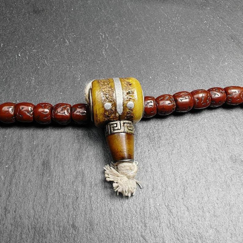 T-drilled 3-Hole Connector Bead - Tibetan Buddhist art, front view