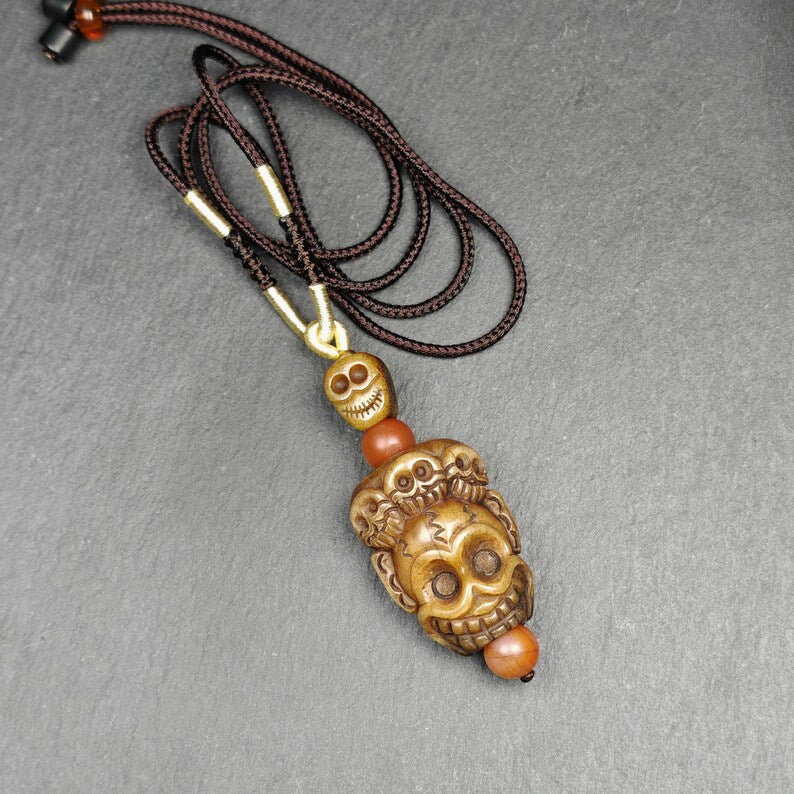 Unique Citipati Skull Protective Charm,Gandhanra Vintage Tibetan Amulet,Spiritual Necklaces,Made of Deer Antlers and Kapala